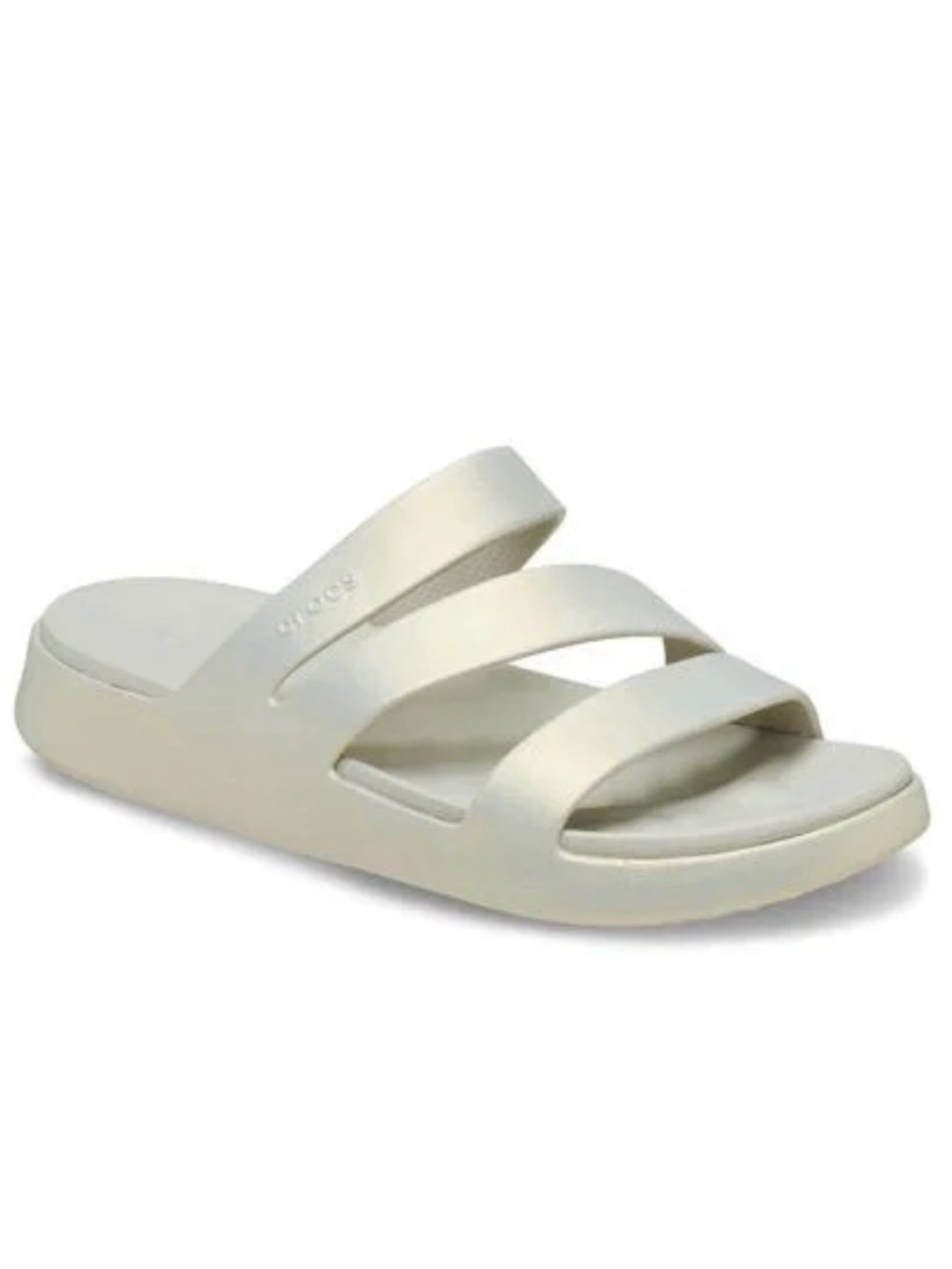Getaway Strappy Croc Sandals: grayish beige with a pearl finish.